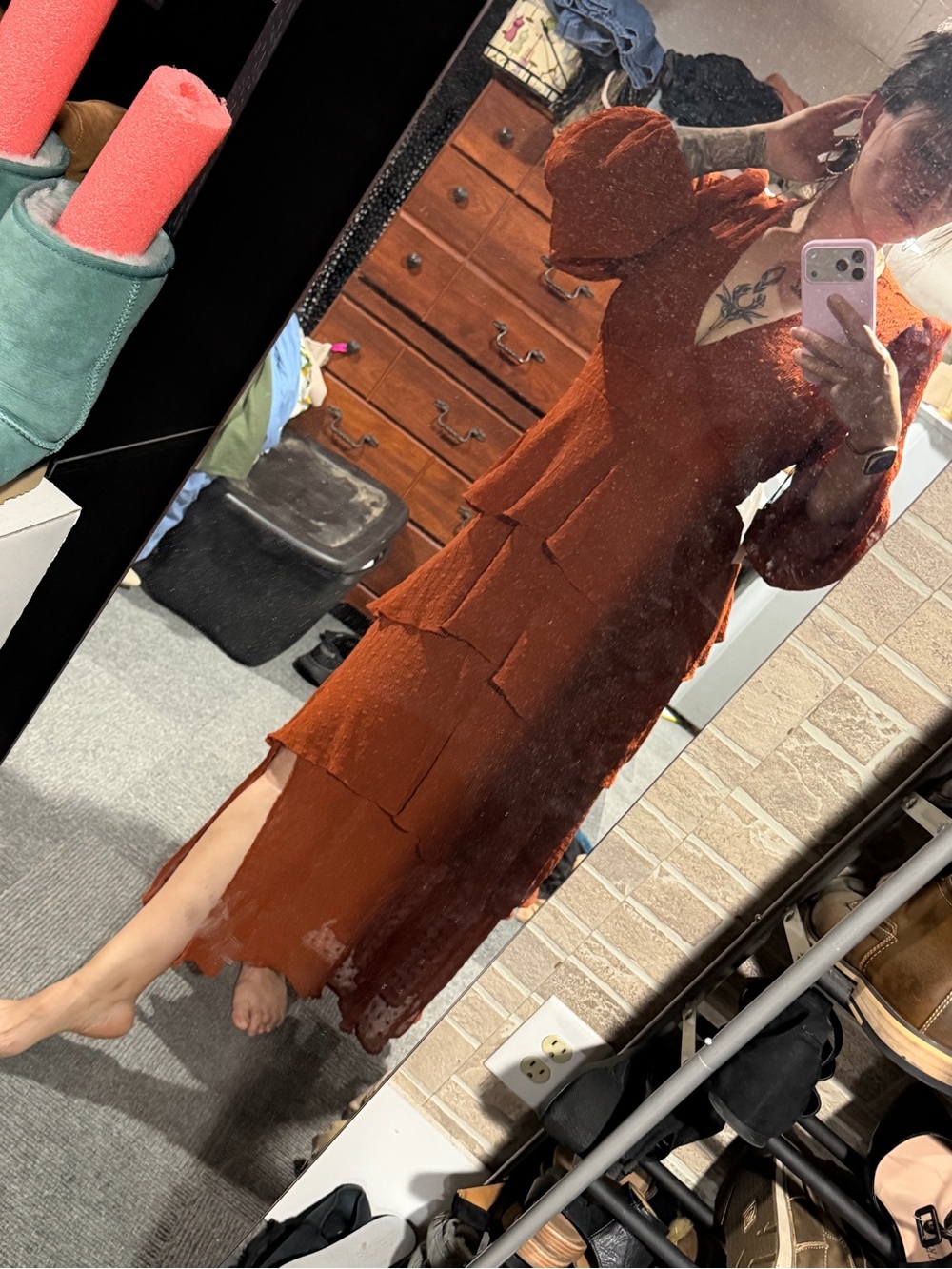 Astr Rust-Tone Tiered Maxi Dress with Puff Sleeves